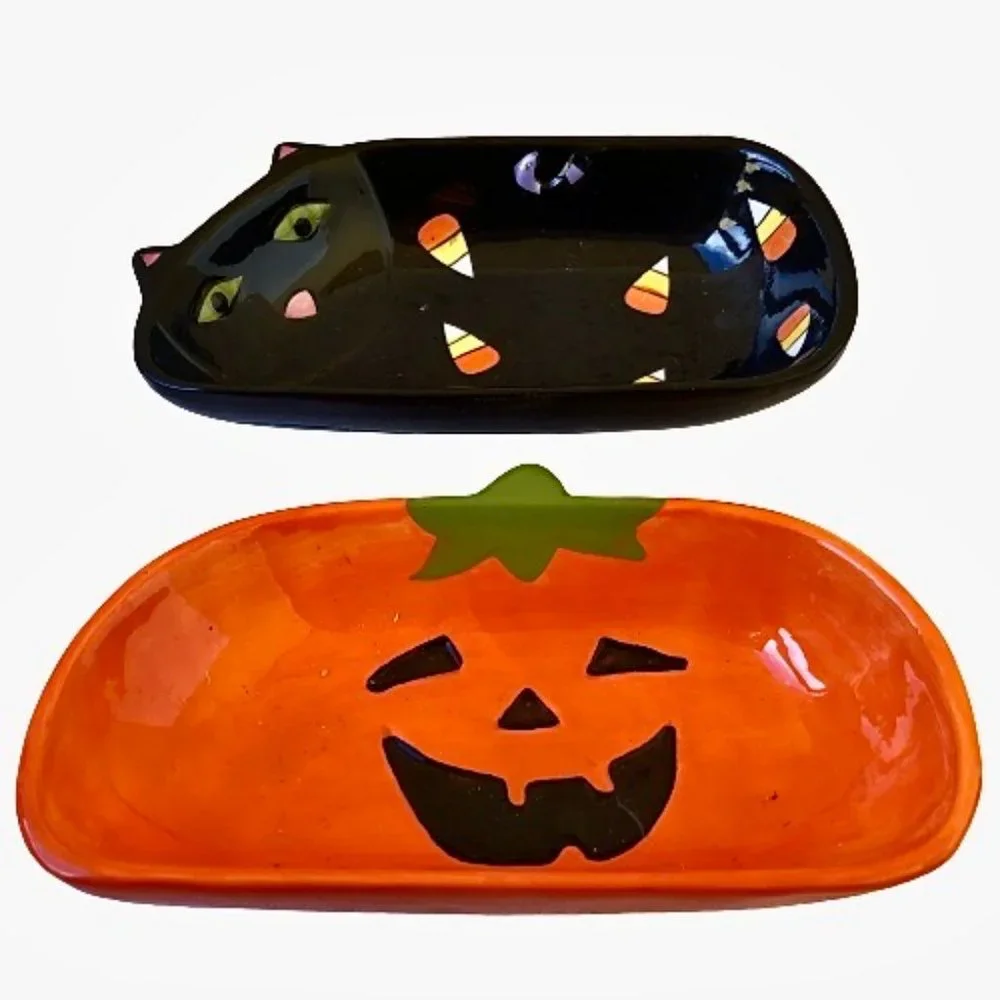 Halloween 🎃 Candy Dishes Tien Hsing Vintage Black Cat + Pumpkin 2 dishes